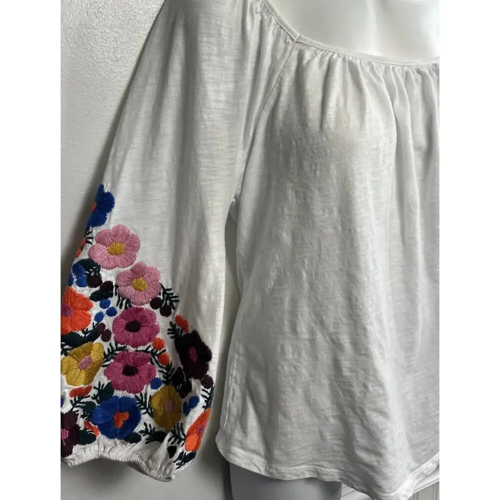 Boden White Cotton Floral Embroidered Puff Sleeve Peasant Top 6 M Boho